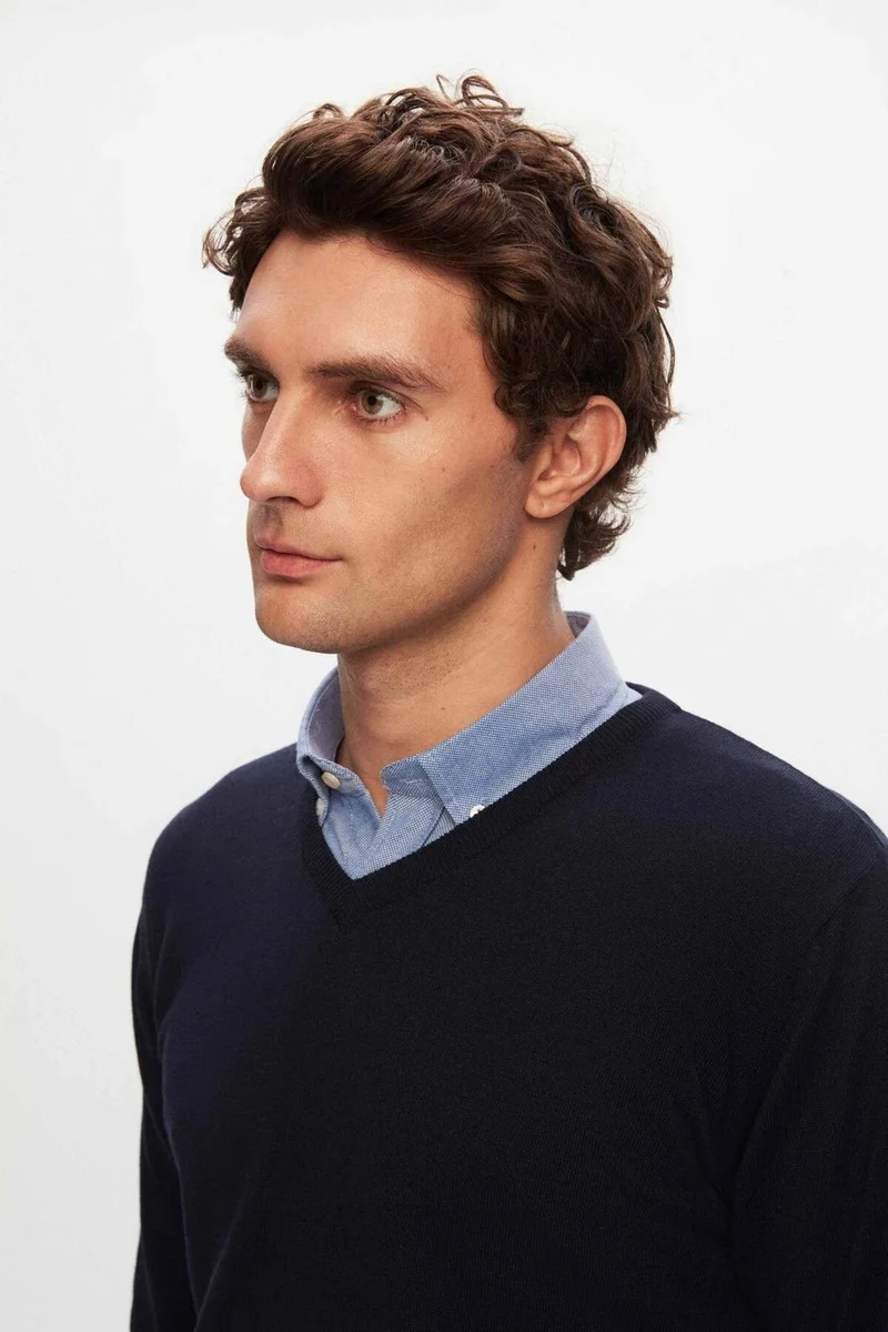 دي أس دامات Regular Fit Navy Blue Plain V Neck Knitwear Sweater 5HF06ORT12003
