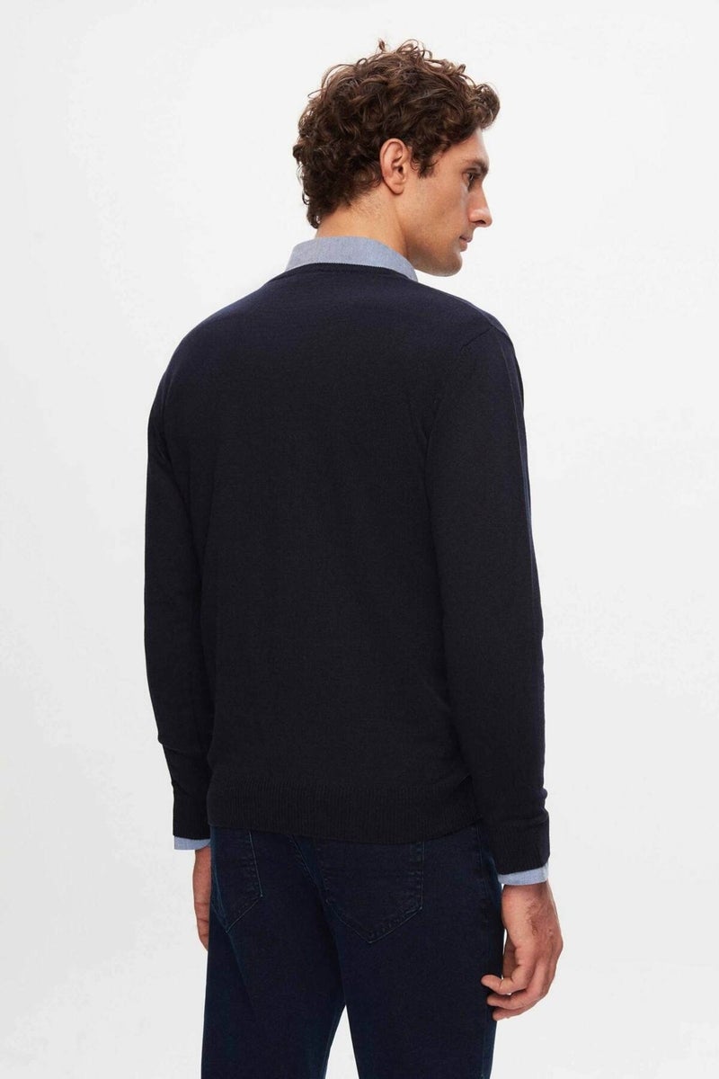 D'S DAMAT Regular Fit Navy Blue Plain V Neck Knitwear Sweater 5HF06ORT12003  - Image 3