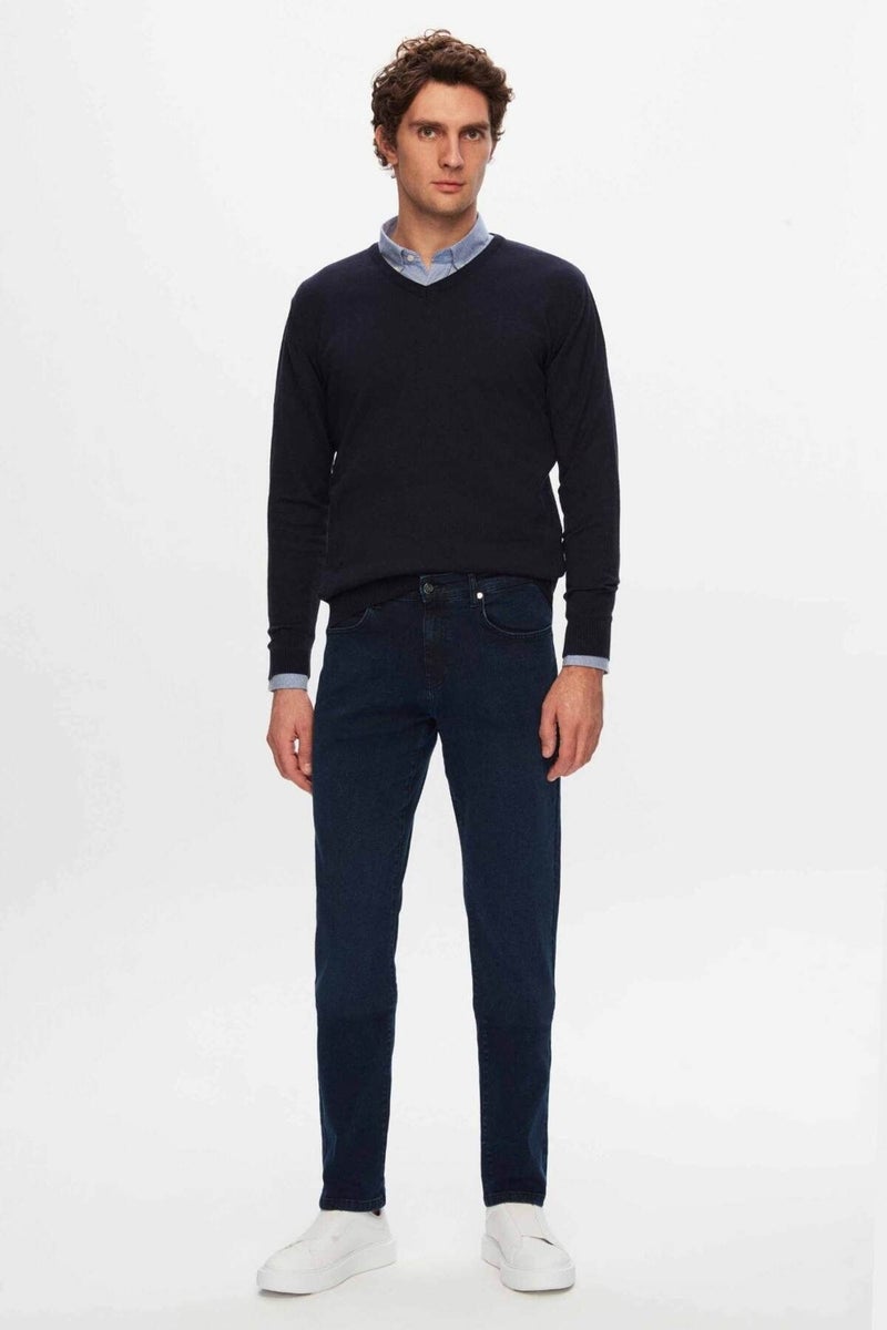 D'S DAMAT Regular Fit Navy Blue Plain V Neck Knitwear Sweater 5HF06ORT12003  - Image 4