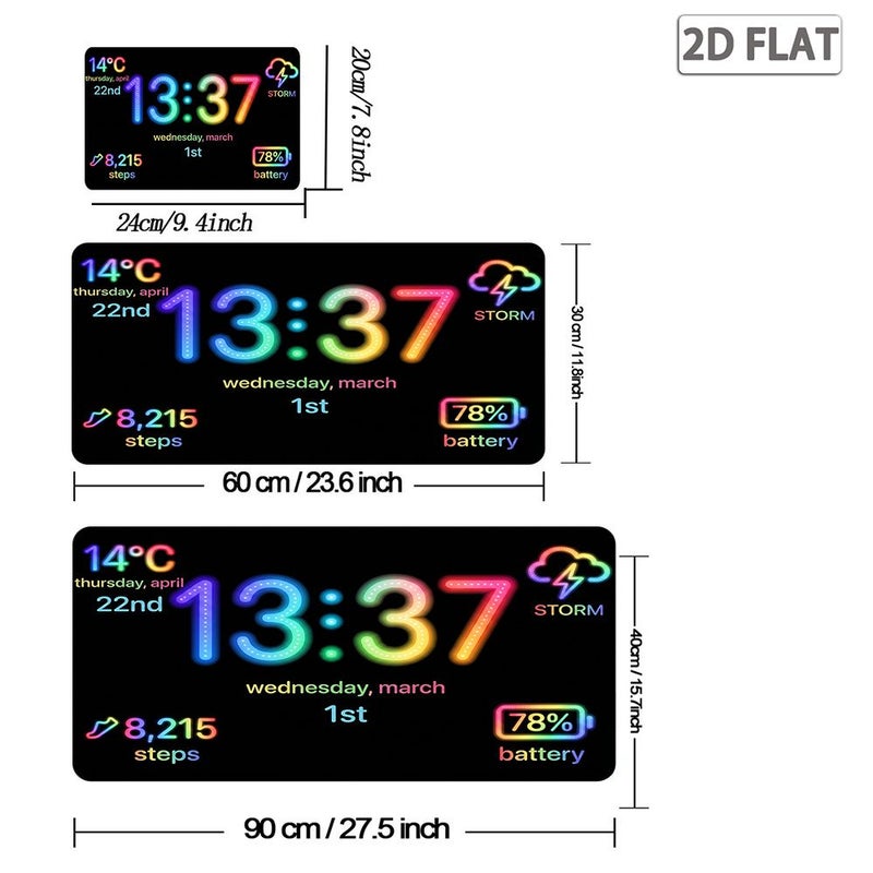 1pc 2D Creative Neon Digital Clock Mouse Pad Multifunctional Information Display Non-Slip Desk Mat With Temperature Weather Steps Battery Display Cool Gradient Glow Style Large Thickened Computer Desk Pad 15.75x35.43 Inch Polychrome - Image 3