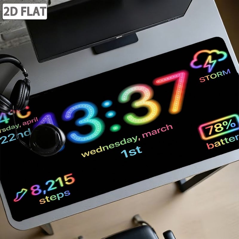 1pc 2D Creative Neon Digital Clock Mouse Pad Multifunctional Information Display Non-Slip Desk Mat With Temperature Weather Steps Battery Display Cool Gradient Glow Style Large Thickened Computer Desk Pad 15.75x35.43 Inch Polychrome - Image 1