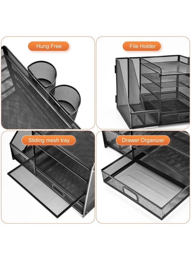 Marbrasse Desk Organizer with File Holder, 5-Tier Paper Letter Tray Organizer with Drawer and 2 Pen Holder, Mesh Desktop Organizer and Storage with Magazine Holder for Office Supplies(Black) - Image 4