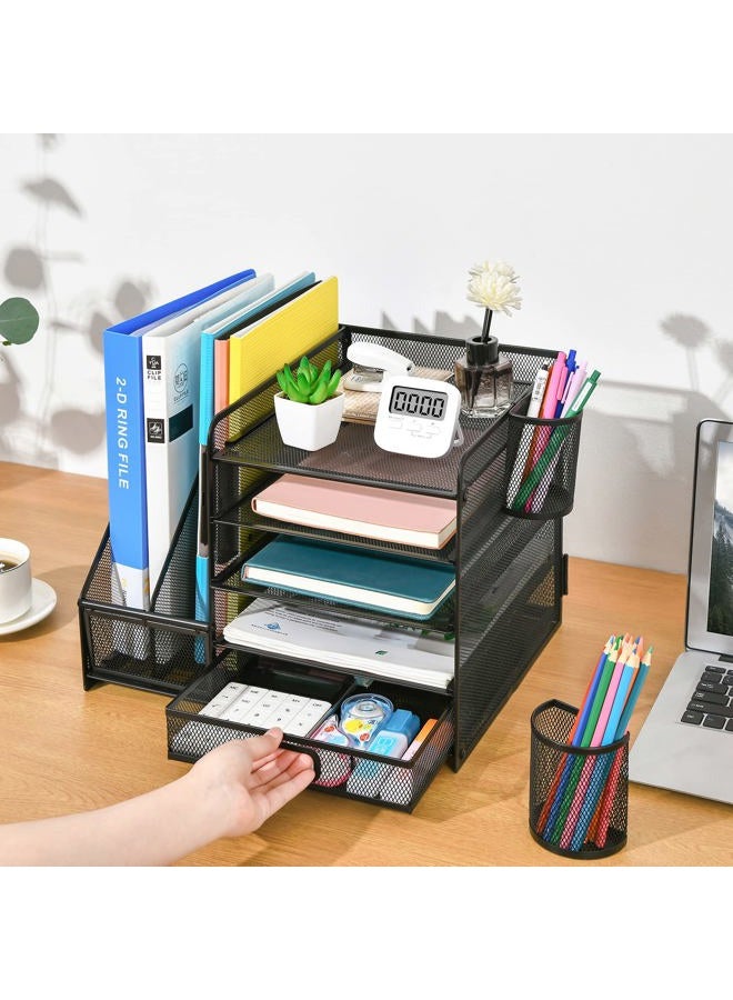 Marbrasse Desk Organizer with File Holder, 5-Tier Paper Letter Tray Organizer with Drawer and 2 Pen Holder, Mesh Desktop Organizer and Storage with Magazine Holder for Office Supplies(Black) - Image 5