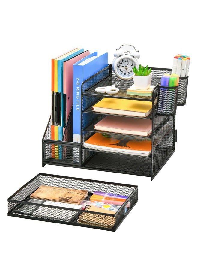 Marbrasse Desk Organizer with File Holder, 5-Tier Paper Letter Tray Organizer with Drawer and 2 Pen Holder, Mesh Desktop Organizer and Storage with Magazine Holder for Office Supplies(Black) - Image 2