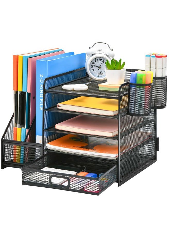 Marbrasse Desk Organizer with File Holder, 5-Tier Paper Letter Tray Organizer with Drawer and 2 Pen Holder, Mesh Desktop Organizer and Storage with Magazine Holder for Office Supplies(Black) - Image 1