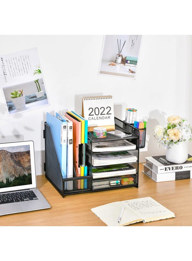 Marbrasse Desk Organizer with File Holder, 5-Tier Paper Letter Tray Organizer with Drawer and 2 Pen Holder, Mesh Desktop Organizer and Storage with Magazine Holder for Office Supplies(Black) - Image 3