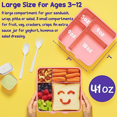 Fimibuke Bento Lunch Box for Kids, Leak Proof Toddler Bento Box with 4 Compartments BPA Free Dishwasher Safe Lunch Container with Utensils, Ideal Portion Sizes for Ages 3-12 Girls Boys for School - Image 2