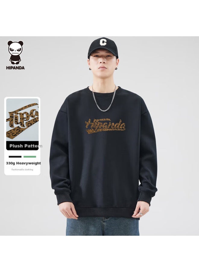 Hipanda o Panda Sweatshirt For Men, Autumn Season, 3d Flocked Round Neck, Trendy American Retro Style, Versatile Comfortable Top, Black, XL - Image 1