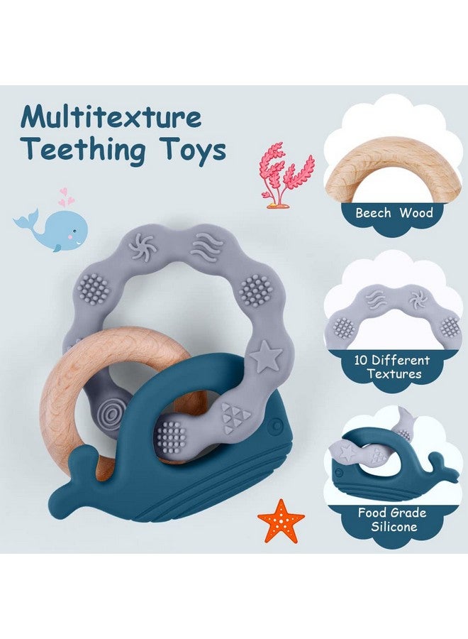 Vicloon Baby Teether Toys Silicone & Natural Wood Teether Ring Baby Teething Toys For Babies 3 Months+ Silicone Chewable Rings For Newborn Gift（Blue） - Image 3