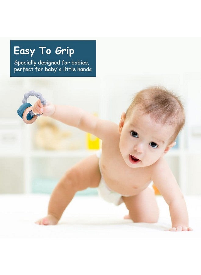 Vicloon Baby Teether Toys Silicone & Natural Wood Teether Ring Baby Teething Toys For Babies 3 Months+ Silicone Chewable Rings For Newborn Gift（Blue） - Image 4