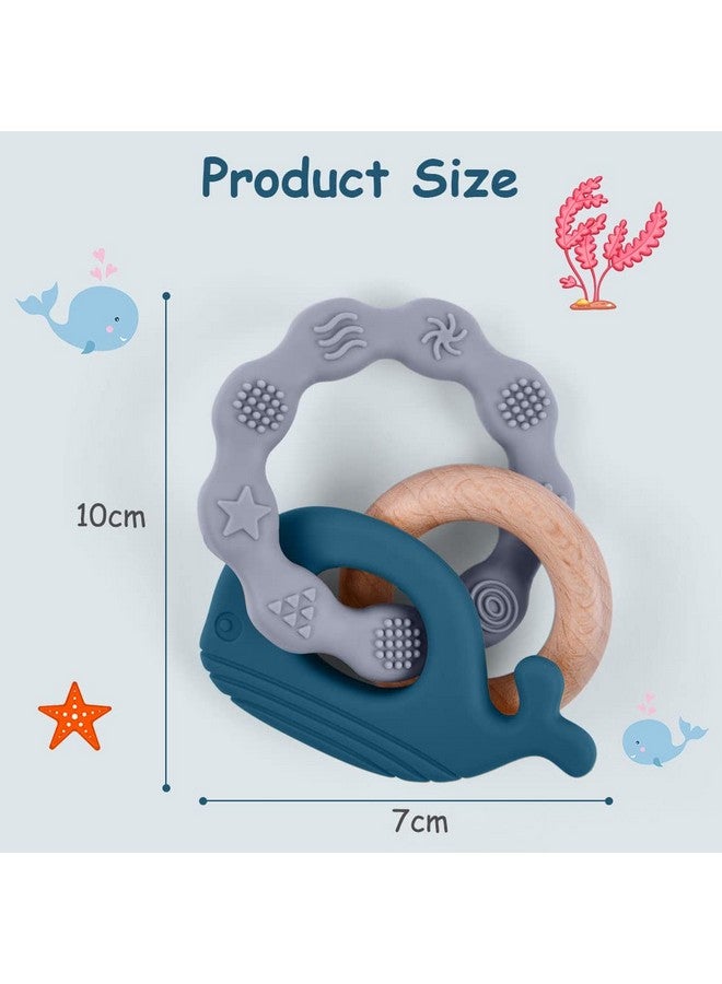Vicloon Baby Teether Toys Silicone & Natural Wood Teether Ring Baby Teething Toys For Babies 3 Months+ Silicone Chewable Rings For Newborn Gift（Blue） - Image 2
