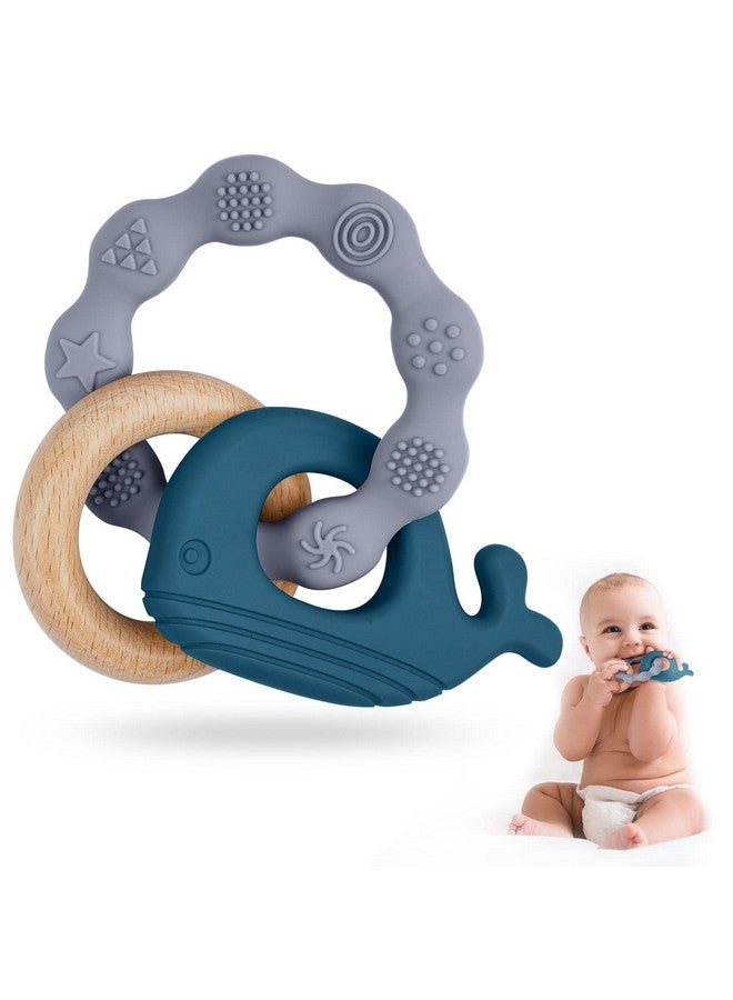 Vicloon Baby Teether Toys Silicone & Natural Wood Teether Ring Baby Teething Toys For Babies 3 Months+ Silicone Chewable Rings For Newborn Gift（Blue） - Image 1