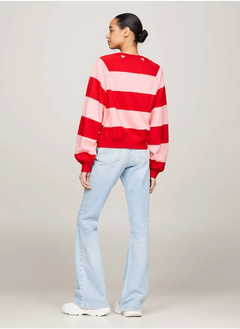 TOMMY JEANS Women's Relaxed Letterman Stripe Sweatshirt -  Pure cotton, Pink/ Multicolor