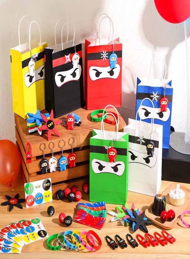 Resholder 12 Guests 96 Pcs Ninja Party Favors Include Ninja Paper Bags Bouncy Balls Throwing Favors Flying Slingshot Headbands Silicone Bracelets Keychains Stickers for Birthday Party Supplies - Image 3