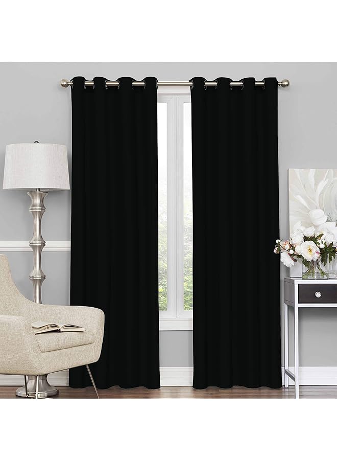 The Bros Blackout Curtains, for Living/Bedroom. Premium Faux Silk, Rich Polyester. Light Blocking, Thermal Insulation, Noise Reduction. Grommet. Solid Black, 2 Panels, 215cm/7ft - Image 1