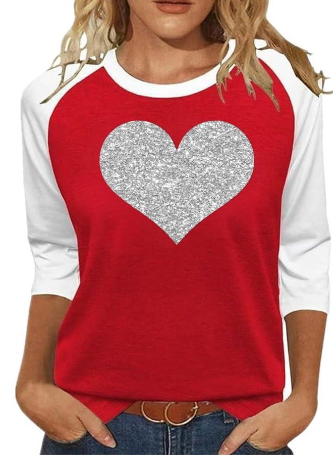 Valentines Shirts Women Heart Love Printed T-Shirts 3/4 Sleeve Holiday Graphic Tee Reglan Tops, Red-1, L