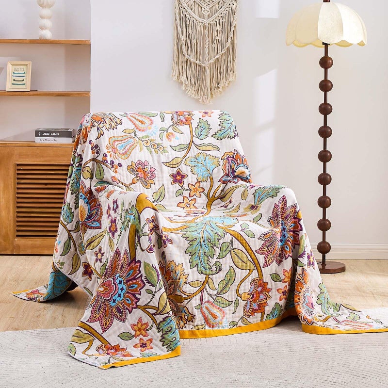 XIBLC Boho Throw Blanket for Bed, 100% Cotton Soft Rustic Quilt Fall Blanket, 60"x80" Floral Printed Farmhouse Decor Bed Blankets, All Season Rustic Reversible Bohemian Throw Quilt - Image 2