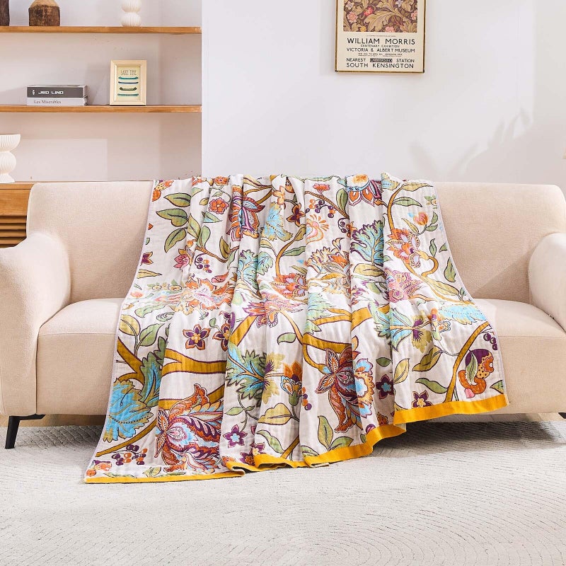 XIBLC Boho Throw Blanket for Bed, 100% Cotton Soft Rustic Quilt Fall Blanket, 60"x80" Floral Printed Farmhouse Decor Bed Blankets, All Season Rustic Reversible Bohemian Throw Quilt - Image 3