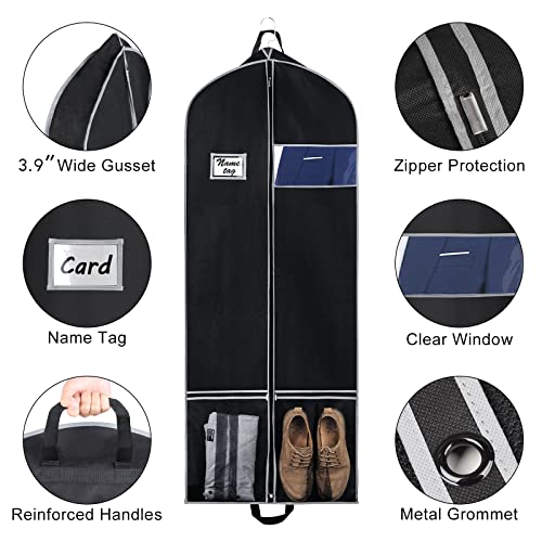 Zilink Long Dress Garment Bags for Travel 60" Dress Suit Cover for Storage with 2 Large Mesh Pockets and a PVC Card Holder, Black - Image 3