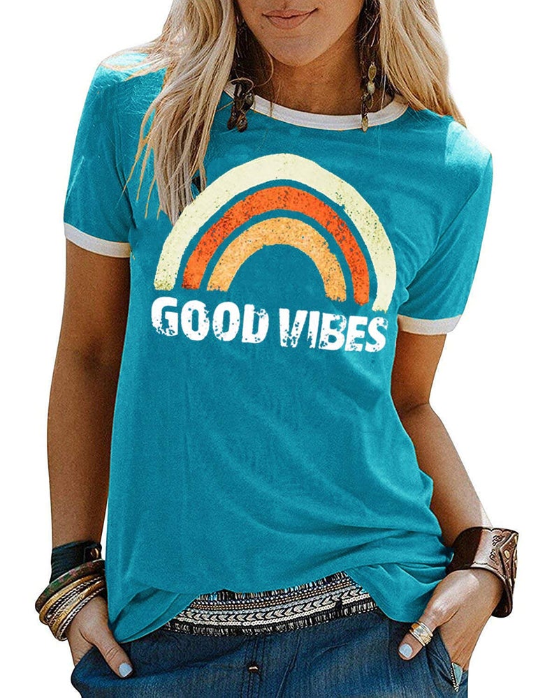 YEXIPO Graphic Tees for Women Short Sleeve Summer Tops Funny Letter Printed Loose Casual T Shirts Rainbow-Blue - Image 1