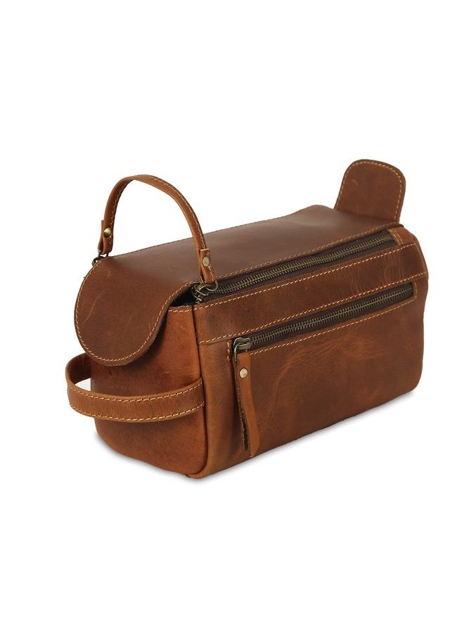 KomalC Premium Buffalo Leather Unisex Toiletry Bag Travel Dopp Kit (Distressed Orange Tan) - Image 1