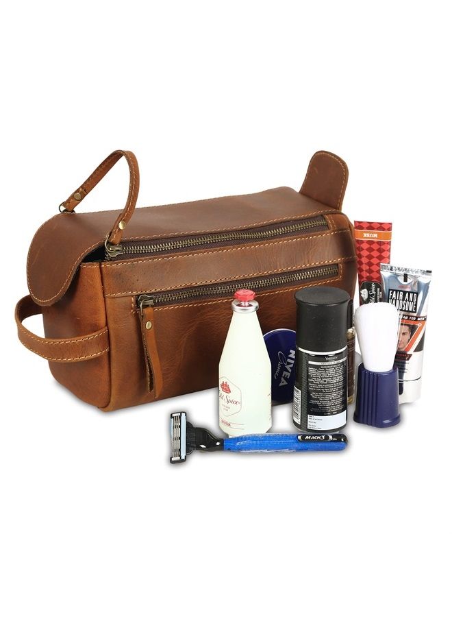 KomalC Premium Buffalo Leather Unisex Toiletry Bag Travel Dopp Kit (Distressed Orange Tan) - Image 2