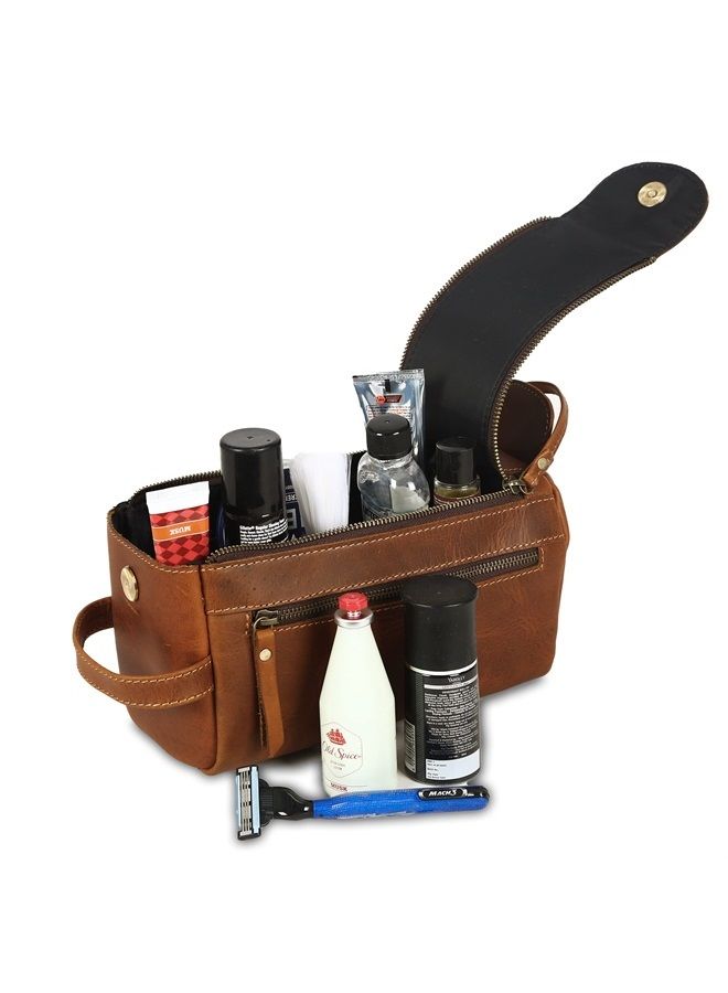 KomalC Premium Buffalo Leather Unisex Toiletry Bag Travel Dopp Kit (Distressed Orange Tan) - Image 3