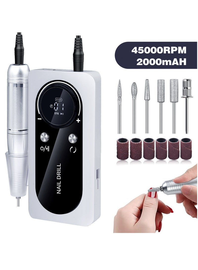 GUDOO Rechargeable 45000RPM Nail Drill Portable Nail Drill Machine Electric Nail E File Manicure Drill Set High Speed Nail Tools for Nail Salon Silver - Image 1