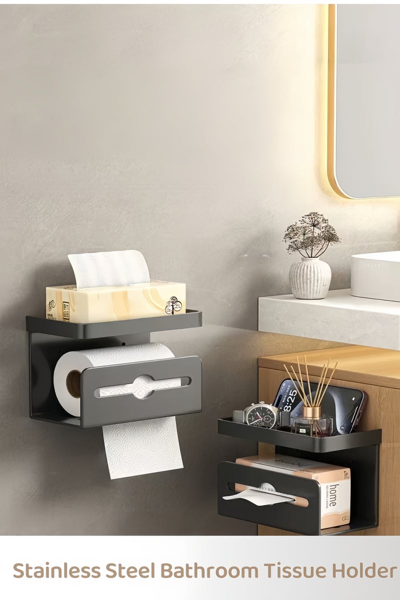 Multifunctional Waterproof and Rust-Proof Toilet Paper Holder,，Wall Mounted Stainless Steel Tissue Roll Holder for Bathroom ，Shelf Perforation-free Aluminum Holder.Self Adhesive Bathroom Mobile phone Roll Paper. ,With Shelf, Phone Holder Watch and Accessories Tray Space-Saving Organizer(Grey) - Image 1