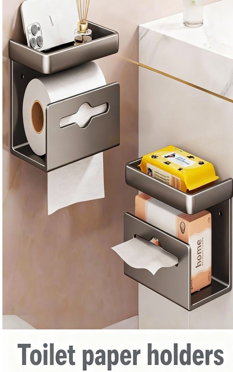 Toilet Paper Holders with Phone Shelf, Wall Mount Toilet Tissue Roll Holder,Waterproof Rust-Proof, Self-Adhesive Multifunctional Stainless Steel Bathroom Storage Dispenser - Space Saving Bath Accessories - Image 1