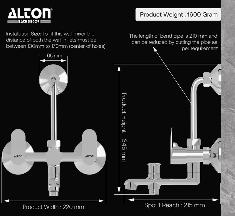 ALTON AXN9490 Brass 3-IN-1 Wall Mixer With Provision For Over Head Shower and Hand Shower with190mm Long Bend Pipe (Chrome) - Image 2