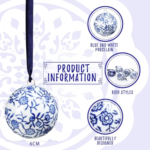 Cindeer 6 Pcs Blue and White Chinoiserie Porcelain Balls 2.4 Inch Porcelain Ornament Bulk New Year Ceramic Hanging Decorative for New Year Chinoiserie Party (Classic Style) - Image 2