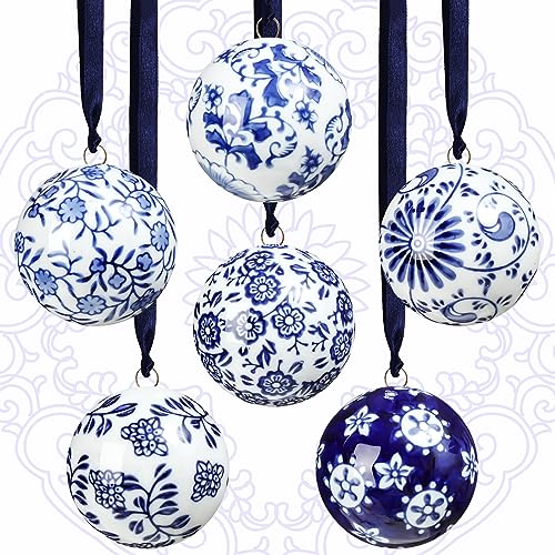 Cindeer 6 Pcs Blue and White Chinoiserie Porcelain Balls 2.4 Inch Porcelain Ornament Bulk New Year Ceramic Hanging Decorative for New Year Chinoiserie Party (Classic Style) - Image 1