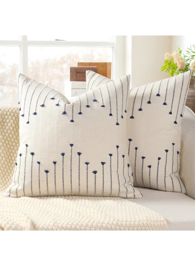 YCOLL Pillow Cover 20x20 Set of 2 Neutral Woven Decorative Throw Pillows for Couch Bed Living Room Cotton Tufted Couch Pillows Modern Farmhouse Accent Pillows Boho Home Decor, Navy Blue - Image 1