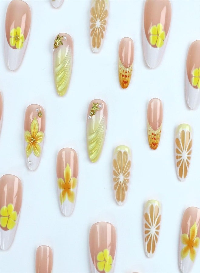 Jremg Yellow Lemon Press on Nails Medium Almond Fake Nails with Pearl Gold Bead Designs Yellow Floral Glue on Nails Reusable Glossy Flowers French Tip False Nails for Women 24Pcs - Image 4