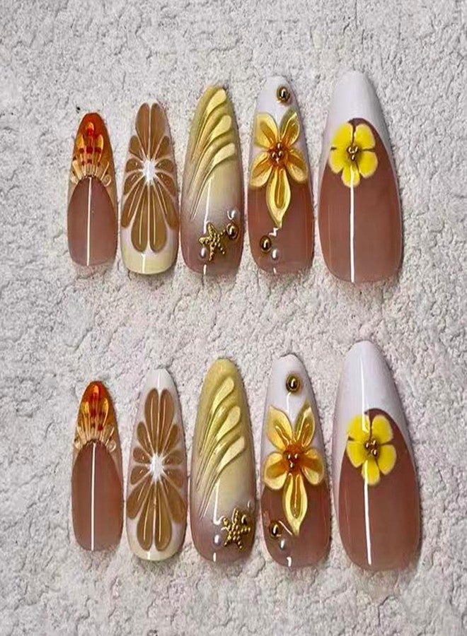 Jremg Yellow Lemon Press on Nails Medium Almond Fake Nails with Pearl Gold Bead Designs Yellow Floral Glue on Nails Reusable Glossy Flowers French Tip False Nails for Women 24Pcs - Image 2