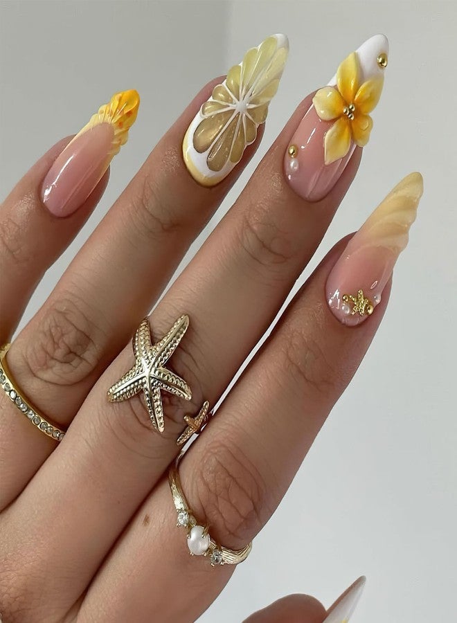 Jremg Yellow Lemon Press on Nails Medium Almond Fake Nails with Pearl Gold Bead Designs Yellow Floral Glue on Nails Reusable Glossy Flowers French Tip False Nails for Women 24Pcs - Image 1