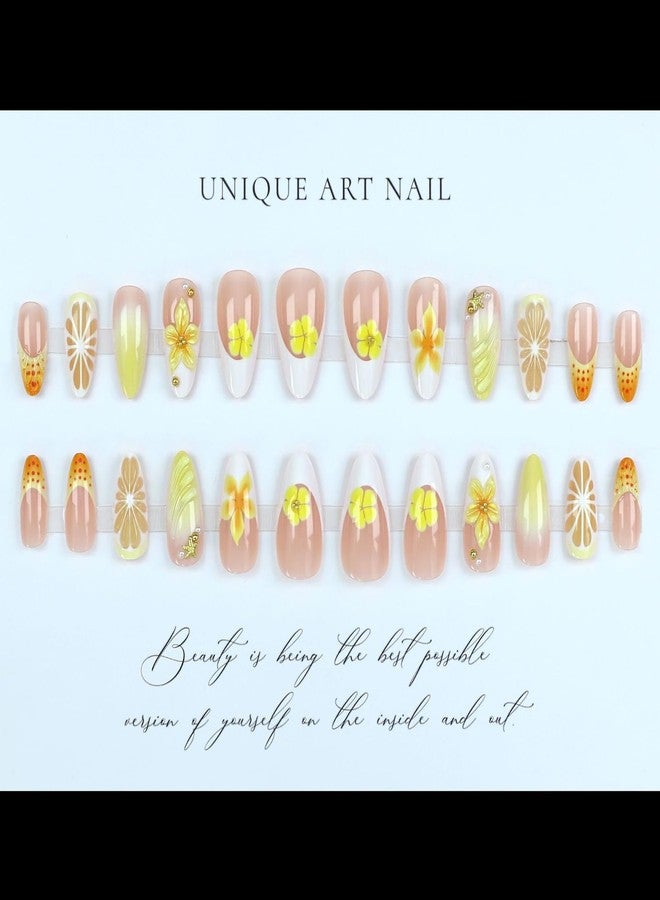 Jremg Yellow Lemon Press on Nails Medium Almond Fake Nails with Pearl Gold Bead Designs Yellow Floral Glue on Nails Reusable Glossy Flowers French Tip False Nails for Women 24Pcs - Image 3