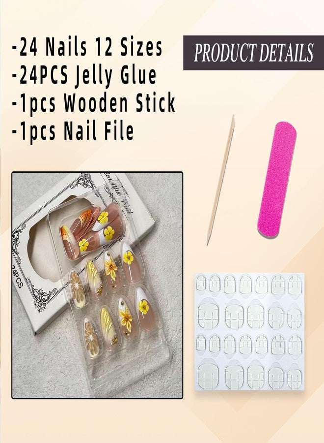 Jremg Yellow Lemon Press on Nails Medium Almond Fake Nails with Pearl Gold Bead Designs Yellow Floral Glue on Nails Reusable Glossy Flowers French Tip False Nails for Women 24Pcs - Image 5
