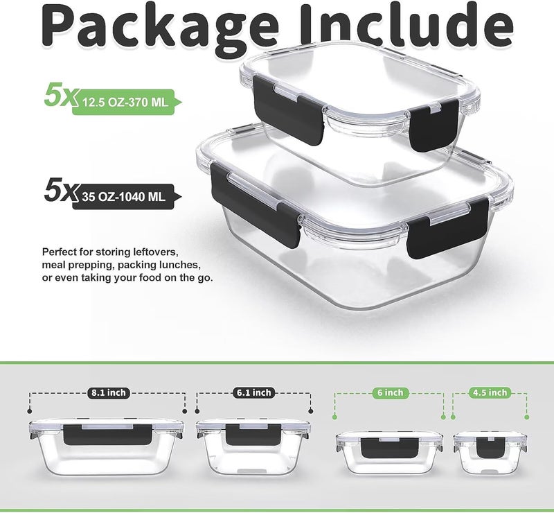 Femora Glass Food Storage Containers 10 Pack, Glass Meal Prep Containers with Snap Lock Leakproof Lids, Reusable Microwave safe BPA-free Lunch Boxes (10 Containers & 10 Lids) 1040ml & 370ml - Image 4