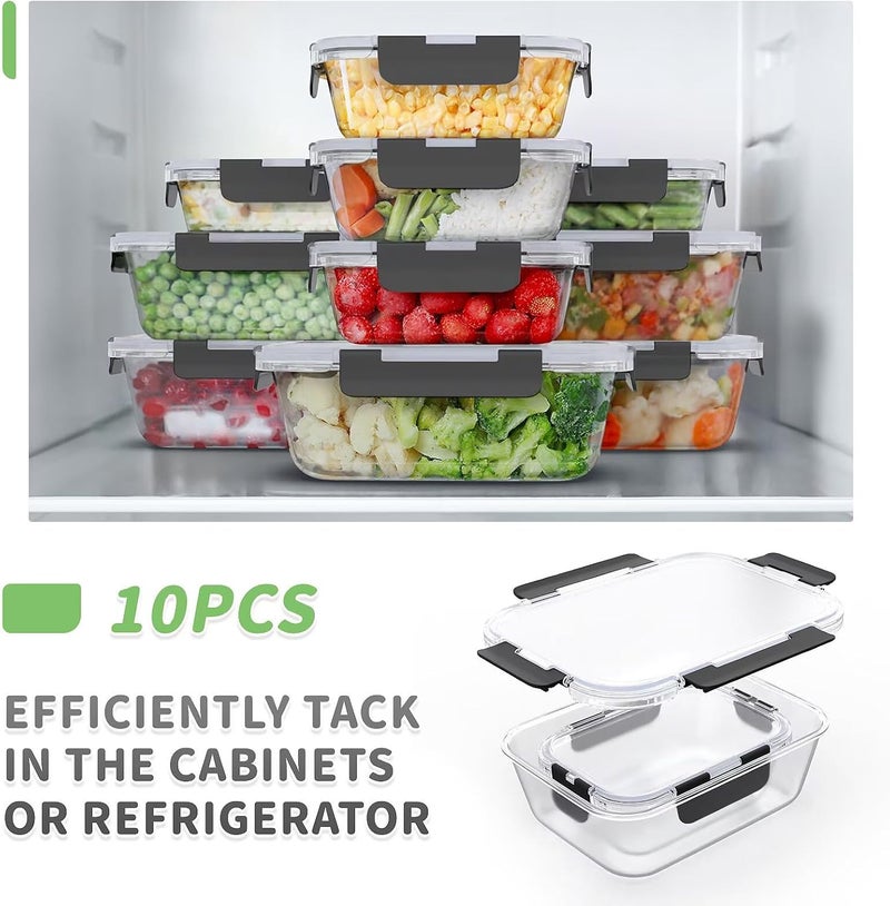 Femora Glass Food Storage Containers 10 Pack, Glass Meal Prep Containers with Snap Lock Leakproof Lids, Reusable Microwave safe BPA-free Lunch Boxes (10 Containers & 10 Lids) 1040ml & 370ml - Image 2