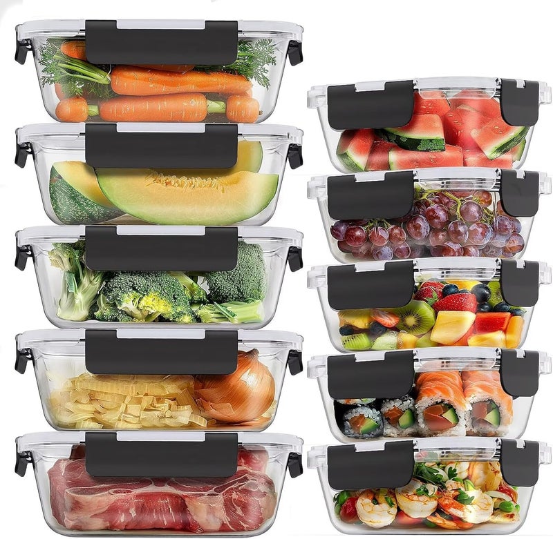 Femora Glass Food Storage Containers 10 Pack, Glass Meal Prep Containers with Snap Lock Leakproof Lids, Reusable Microwave safe BPA-free Lunch Boxes (10 Containers & 10 Lids) 1040ml & 370ml - Image 1