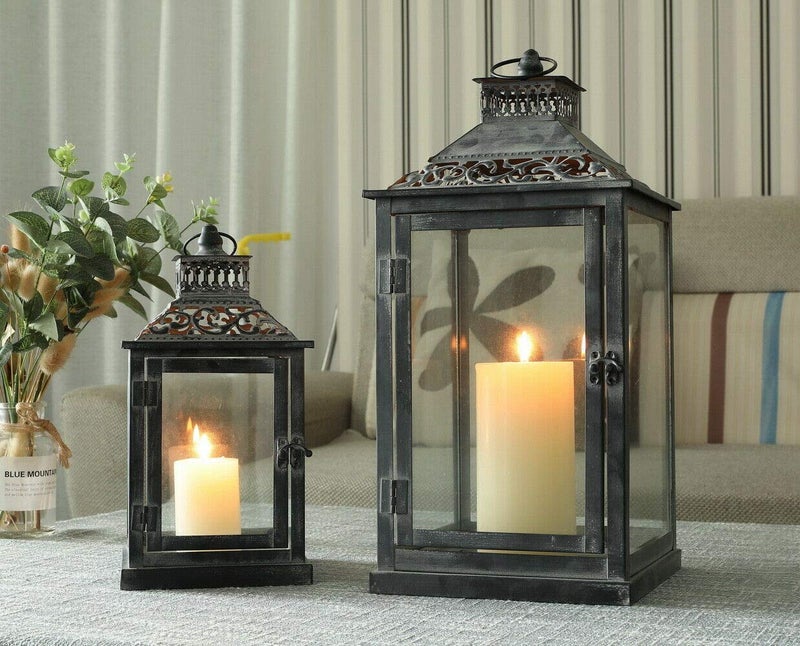 JHY DESIGN Set of 2 Antique Grey Brush Decorative Lanterns Metal Candle Lanterns for Indoor Outdoor Events Paritie and Weddings Vintage Style Hanging Lanternwith Glass