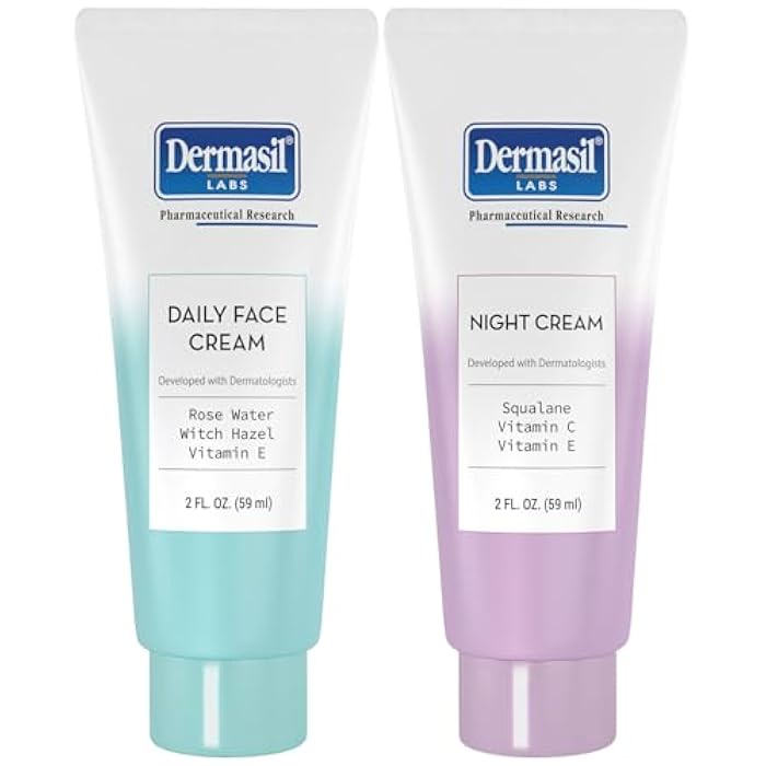 Dermasil Face Moisturizer Variety 2-Pack – Daily Face Cream with Witch Hazel and Rose Water + Night Cream with Vitamin C and Squalane, 2 Oz Ea - Image 1