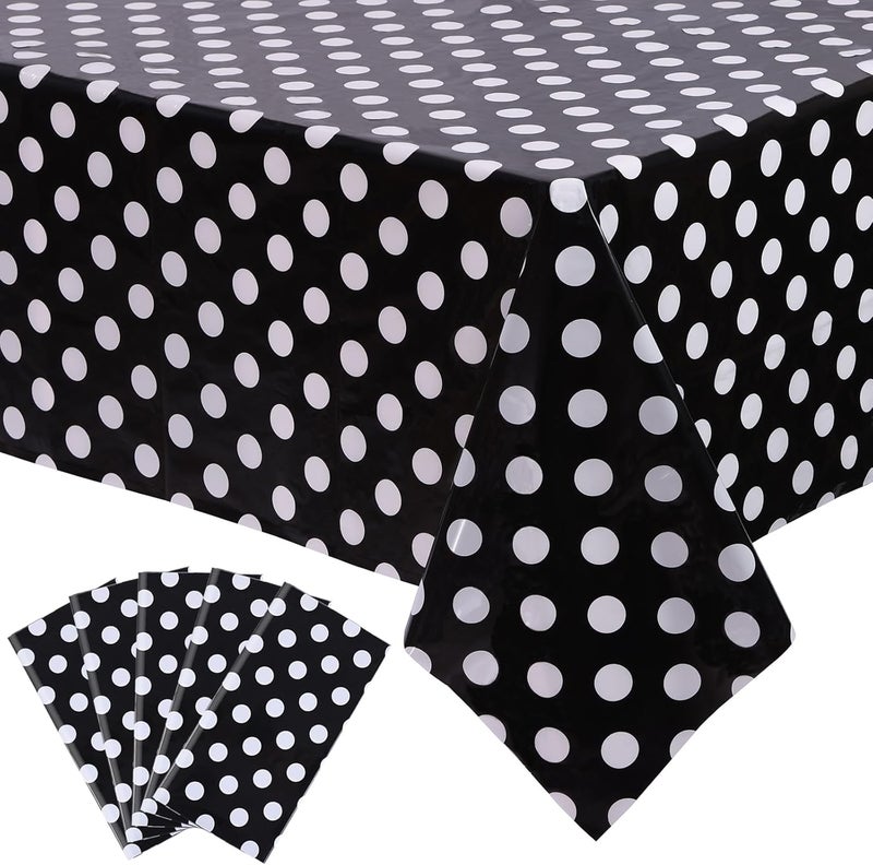 Kesfey 5 Packs Black and White Dots Table Cloth 54x108 Inch Black Polka Dot Mini Mouse Plastic Table Cloth Disposable Black Waterproof Picnic Table Covers for Rectangle Tables Halloween Birthday Party - Image 1