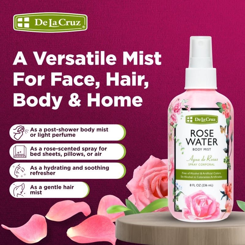De La Cruz Pure Rose Water Body Mist,Rosewater Spray for Face, Skin & Hair,Toner & Rose Water for Hair Alcohol Free, Paraben Free 8 fl oz (1 Bottles) - Image 2