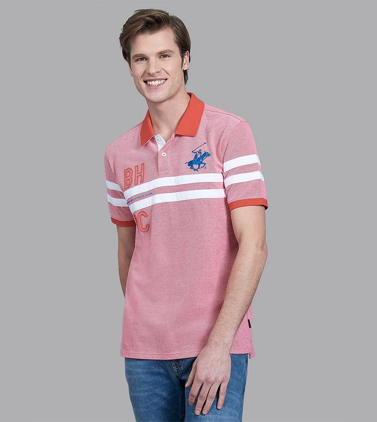 Beverly Hills Polo Club Pink Cotton Regular Fit Striped Polo T-Shirt