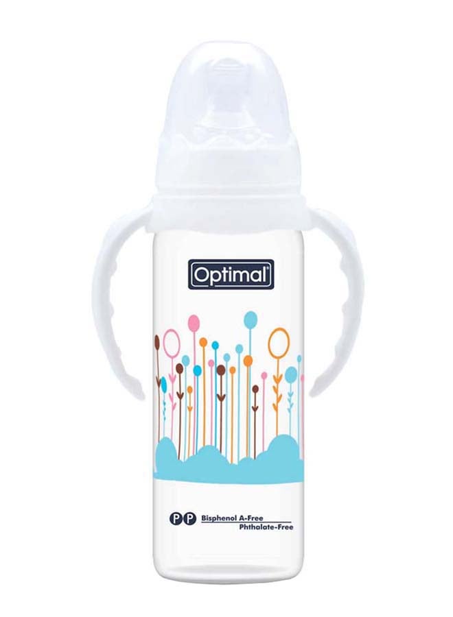 Optimal زجاجة رضاعة ضيقة العنق مع مقبض 240 مل، بيضاء