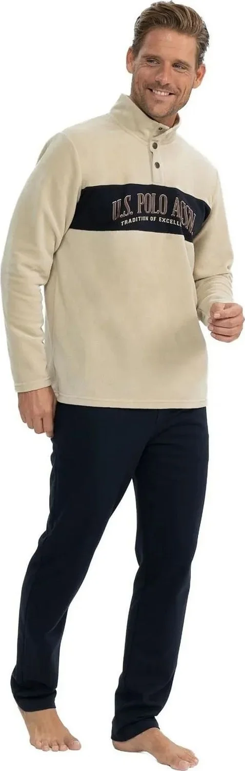 U.S. Polo Assn. 18826 Men's Fleece Long Sleeve Stand Collar Casual Home Wear-Beige