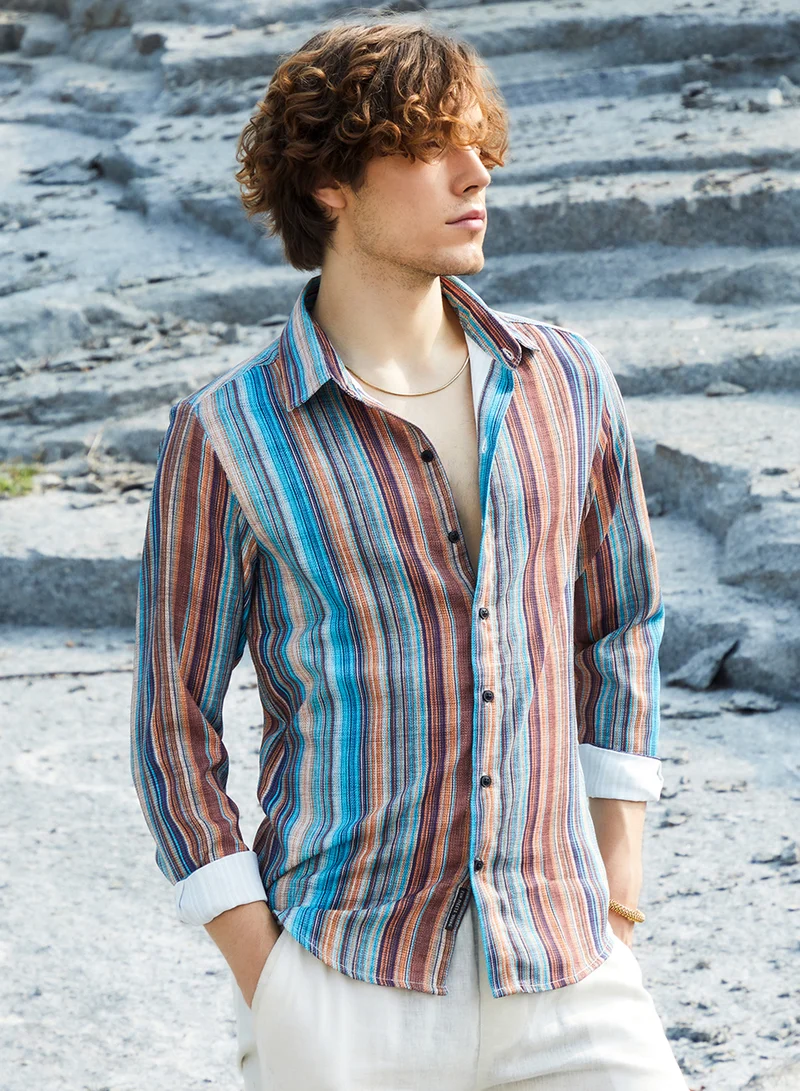 كامبوس سوترا Men's Azure Blue & Chocolate Brown Multitrack-Striped Shirt